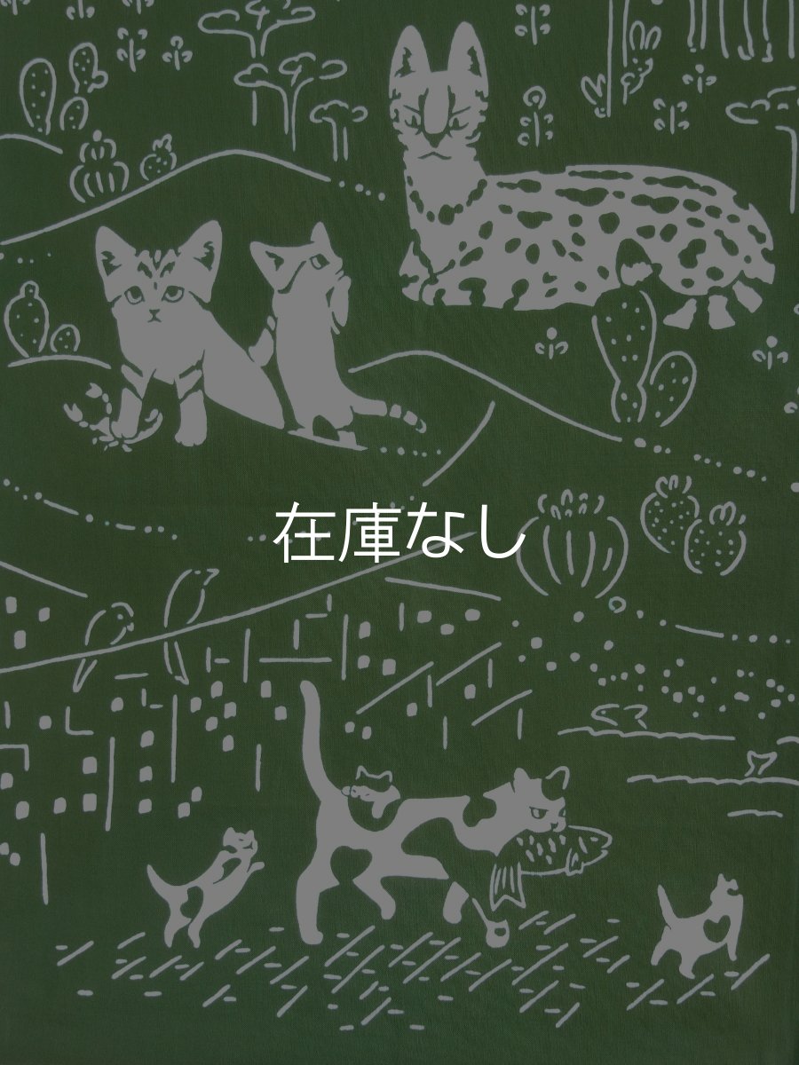 画像2: とことわの手ぬぐい　ネコランド 苔色 (2)