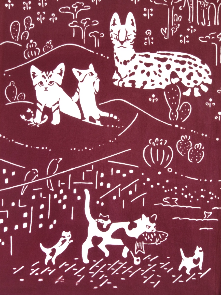 画像2: とことわの手ぬぐい ネコランド ワイン (2)