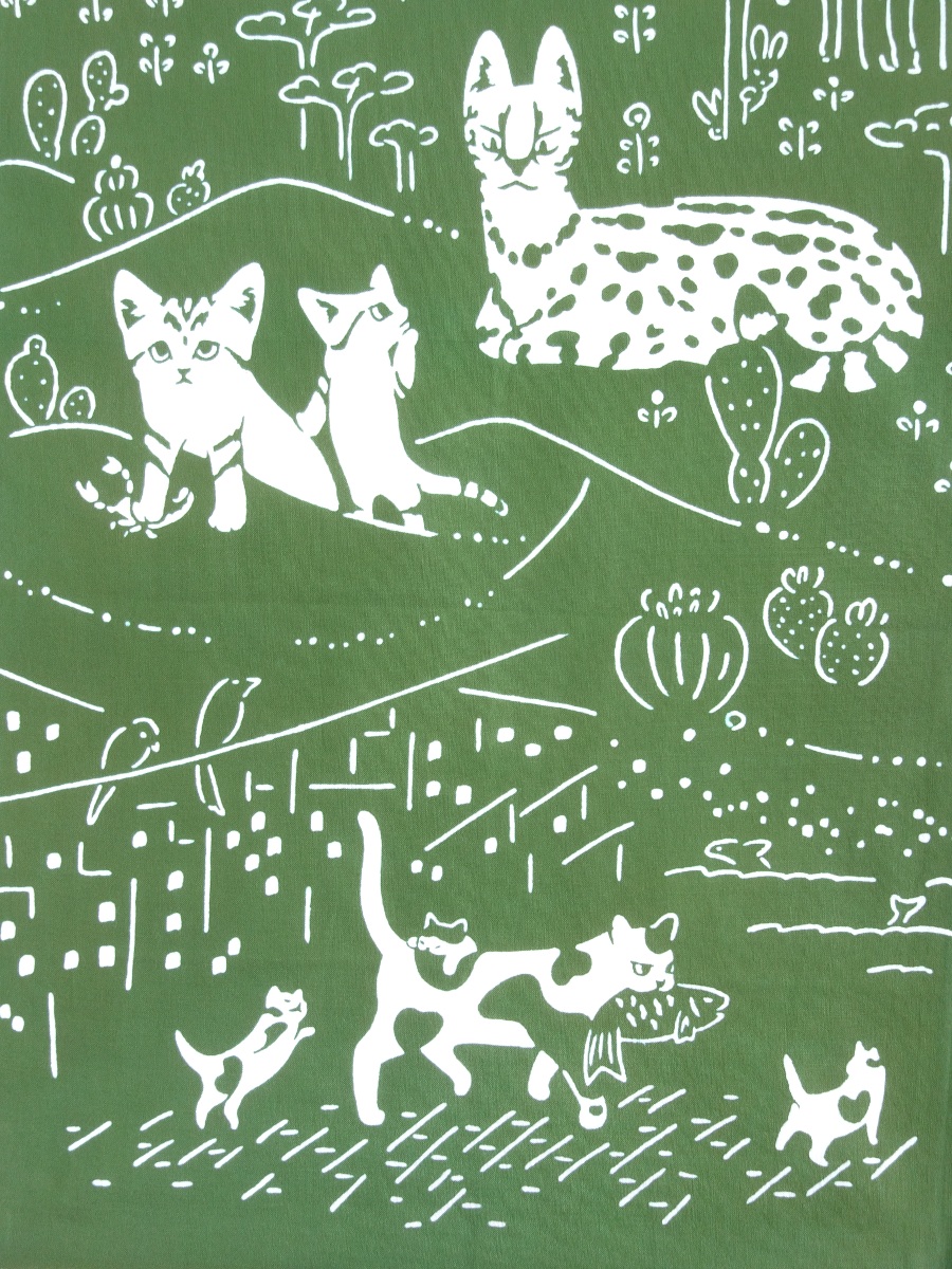 画像2: とことわの手ぬぐい ネコランド 苔色 (2)