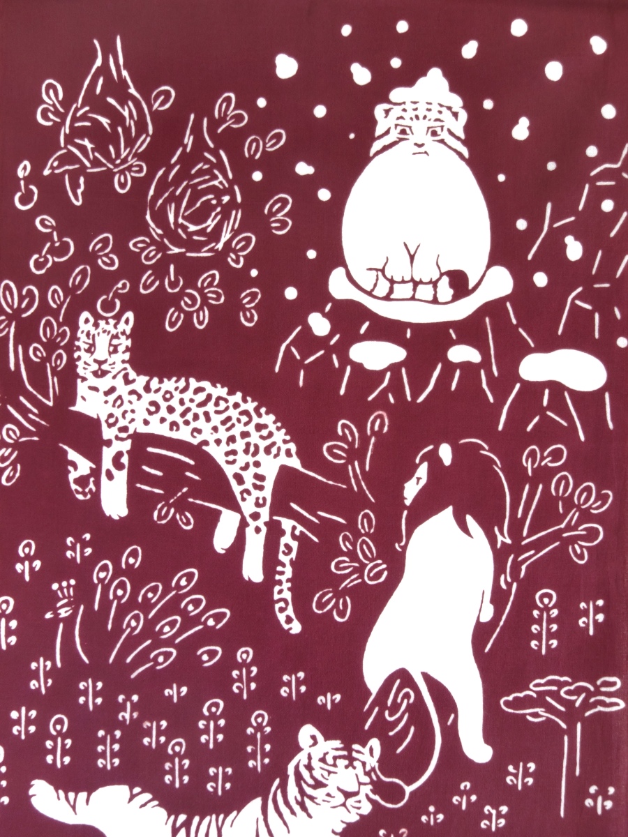 画像1: とことわの手ぬぐい ネコランド ワイン (1)