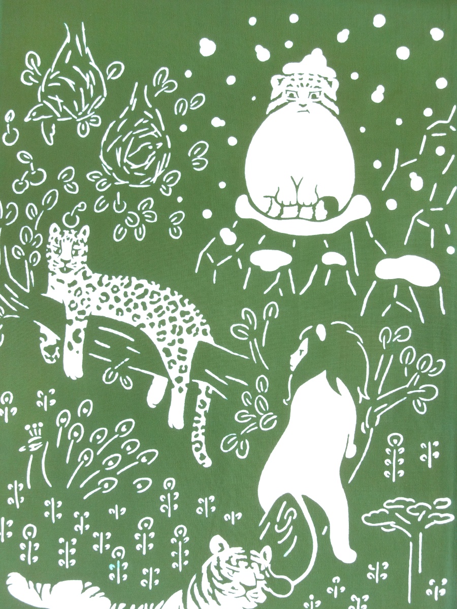 画像1: とことわの手ぬぐい ネコランド 苔色 (1)