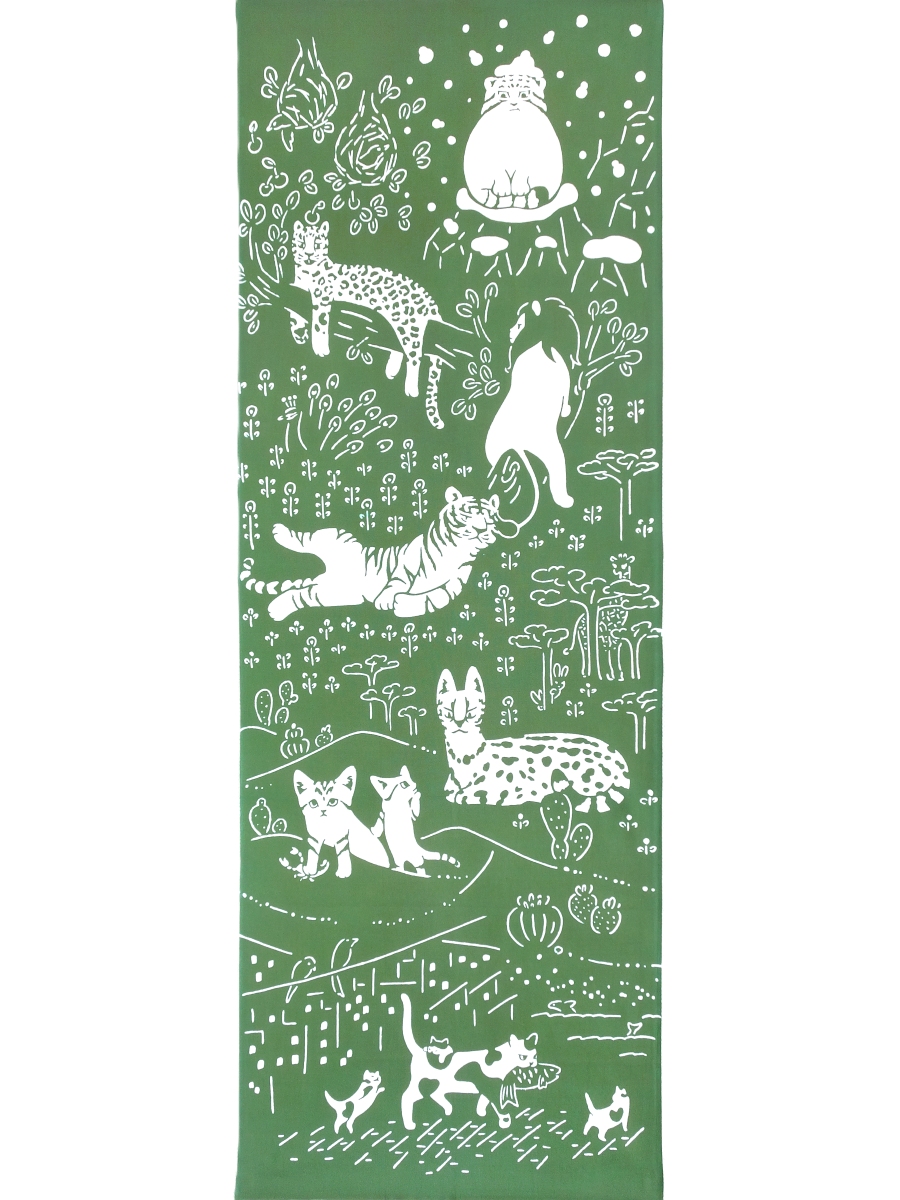 画像3: とことわの手ぬぐい ネコランド 苔色 (3)
